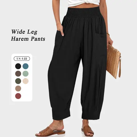 TARSE Women Boho Linen Blend Wide Leg Pants High Waist Casual Baggy Pants Loose Barrel Trousers with Pockets Travel Minimalist Work Pants