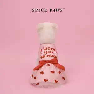 Valentine's Pet Dress, Clothing, Costume, Pink Dog Dress with "I Woof You So Much" Print, Red Bow, Dog Sundress with Bowknot, Soft Pet Clothes for Small Medium Dogs & Cats, Cute Comfortable Dog Apparel for Romantic Party Wedding Occasions