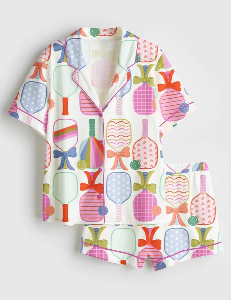Women's Satin Pickleball Racket Print Short-Sleeve Pajama Loungewear Set, Gift For Her