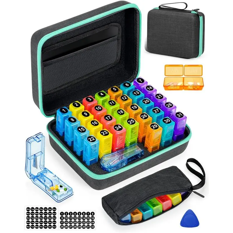 Pill Organizer - 2-Times-a-Day 31-Box Compact EVA Healthcare Aid with Waterproof Hard Shell, UV Protection, Weekly Bag, Pill Cutter, Plastic Opening Pick, Monthly-Weekly Stickers for Travel Medicine Management