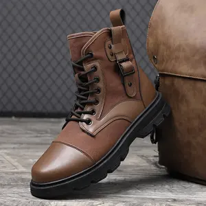 Men's Workwear Style High-Top Boots, Buckle Design Lace-Up Boots, Retro Trendy Casual Shoes fathersdaygift