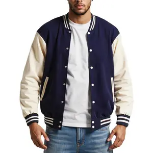 Men's Varsity Leather Sleeve Bomber Jacket, Casual College Varsity Coat, Stand Collar Design, Polyester Lining, Perfect for Fall & Winter Outdoor Hiking, Casual Athletic Jacket