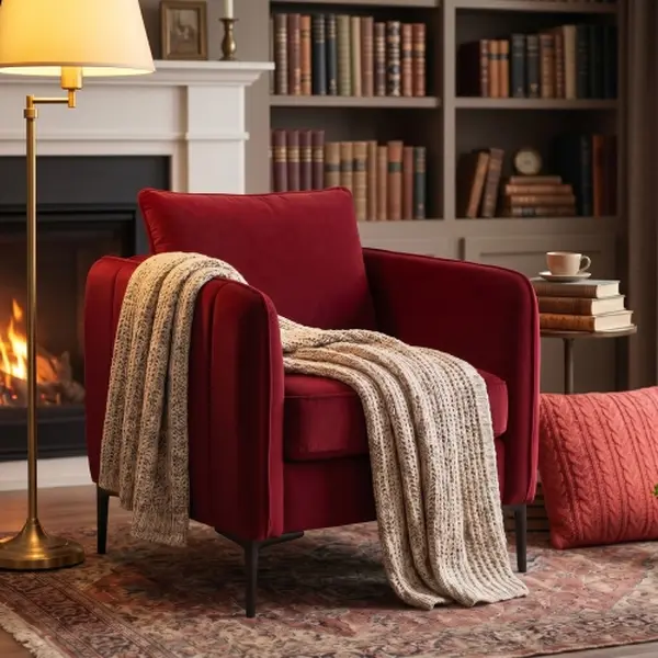 Modern Velvet Mid-Century Modern Accent Chair |   Comfy Single Armchair with 1 Pillow & Metal Legs |   Living Room, Bedroom, Office & Reading Space