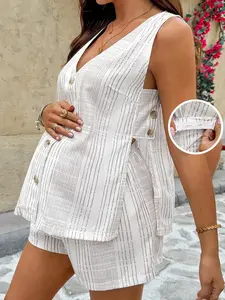 Zesty Maternity Maternity 2 piece set v-neck button down linen shorts beach vacation summer outfit