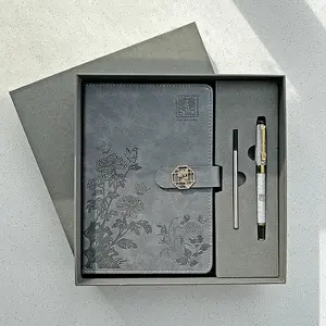 Chinsikol Notebook Gift Set with Metal Signature Pen and Replacement Refills, Elegant Chrysanthemum Print, Perfect for Office and Study
