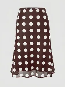 Women's skirt, Summer Coffee-Colored Wave Dot Print Mesh Boho Casual Skirt, Stylish Double-Layer Fabric Women's Party Skirt, Suitable For Daily Activities, Tiered Layer Skirt, Tiered Skirts
