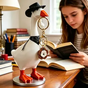 Unique Art Decor, Cute 7 Inch Magnetic Goose Figurine with Stylish Hat & Bowtie, Funny Reading Companion, Whimsical Desk Pet for Best Friend Gift, Creative Apartment Essentials, Gag Gift Ideas, Novelty Statue Sculpture Ornament for Home Bookshelf Display
