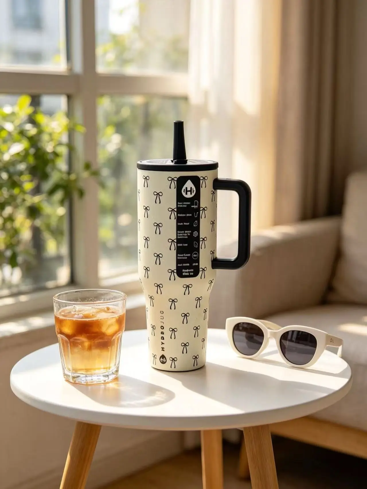 HydroJug 40oz Black Bow Print Insulated Tumbler with Handle & Straw Lid, Cream Base Dainty Bow Pattern Stainless Steel Travel Mug, Cup Holder Friendly, Leak Proof, 24 Hours Cold Retention for Car, Office & Daily Hydration