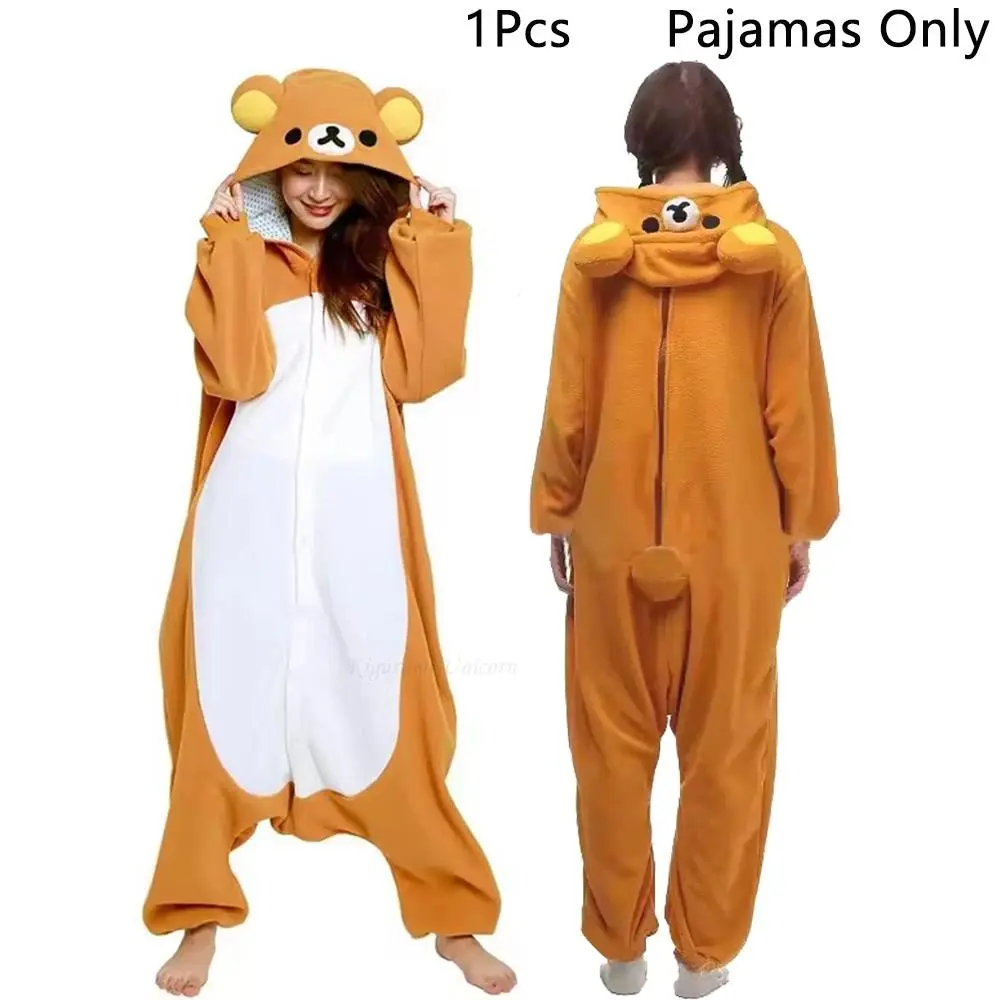 Adult Cartoon Cute Long Sleeve Kigurumi Onesies - Holiday Halloween Rilakkuma Bear, Unicorn Button-Front Jumpsuit Loungewear Sleepwear with Matching Slippers (DIY Costume Supply)