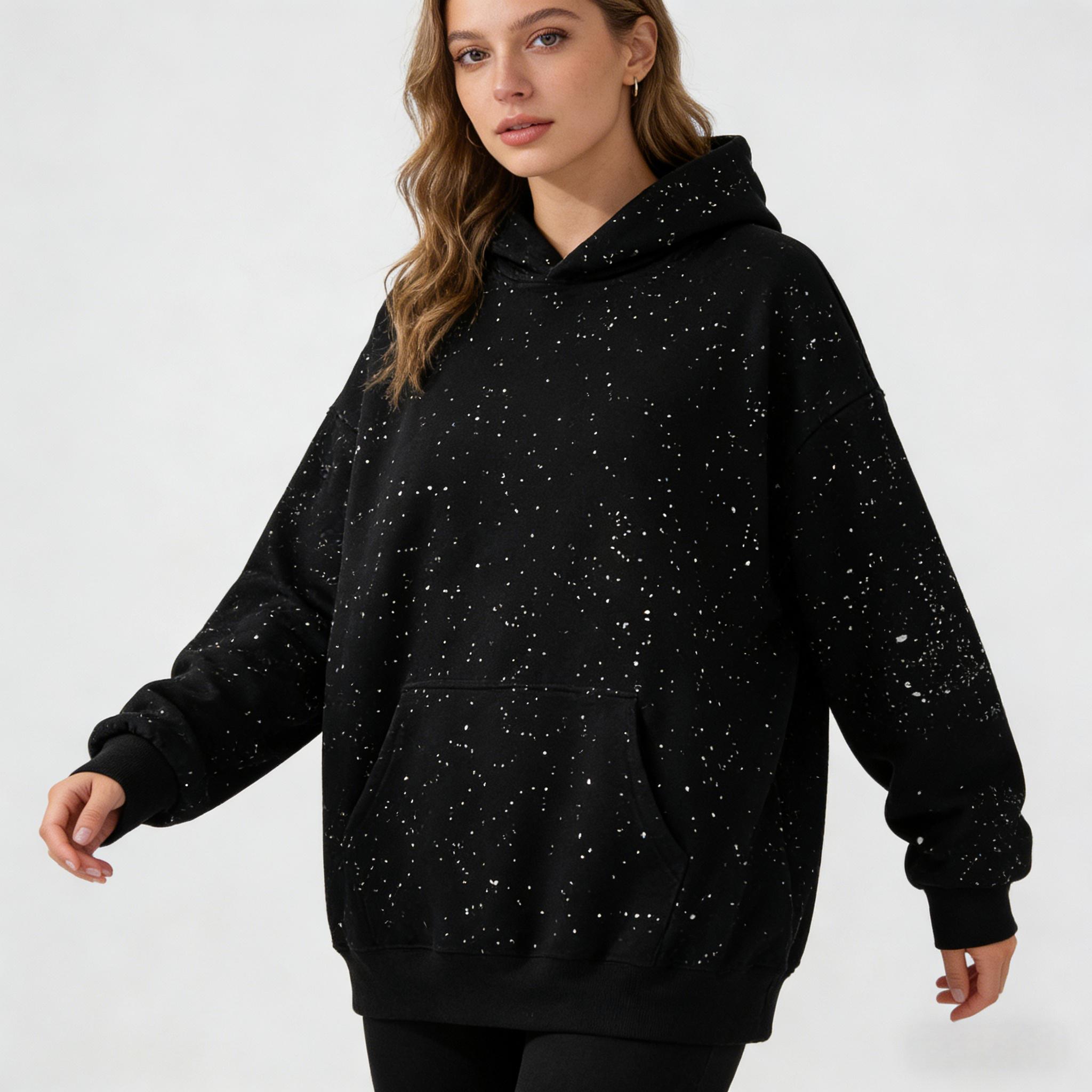 Black Speckled Oversized Hoodie, Y2K Starry Sky Splatter Print Pullover, Casual Streetwear Sweatshirt with Kangaroo Pocket, Comfy Loose Fit Hooded Top for Men Women