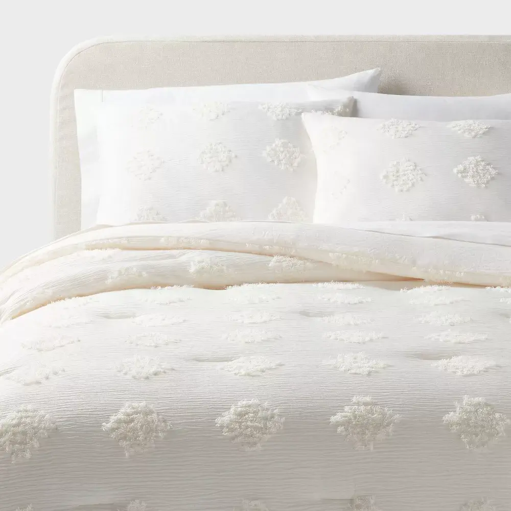 Full/Queen Tufted Diamond Crinkle Comforter and Sham Set Ivory - Threshold: Recycled Polyester Jacquard Weave OEKO-TEX Certified