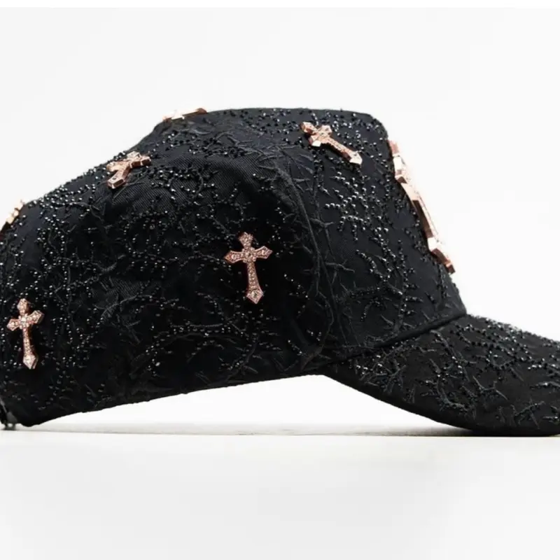Black Rhinestone Cross Cap – Rose Gold
