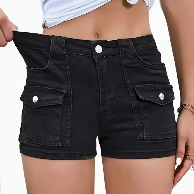 Women's Stretchy Jean Shorts Mid Waisted Twill Shorts Stretch Junior Booty Denim Shorts with Pockets Low-rise jeans
