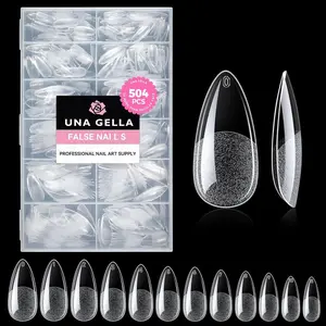 Almond Gel Nail Tips, 504PCS Pre Etched Clear Fake Nails Tips Medium Almond Shape - 12 Sizes Full Cover Soft Acrylic Press On Nail Extensions No C Curve Gift for Diy at Home