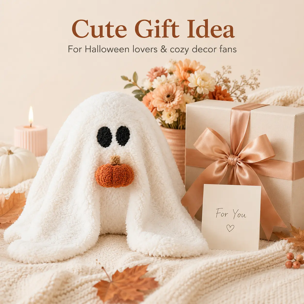 Halloween Ghost Pillow Plush, Cute White Sherpa Ghost Cushion with Pumpkin Detail, Soft Fall Throw Pillow for Bedroom Couch Dorm Decor, Spooky Season Gift and Home Accent