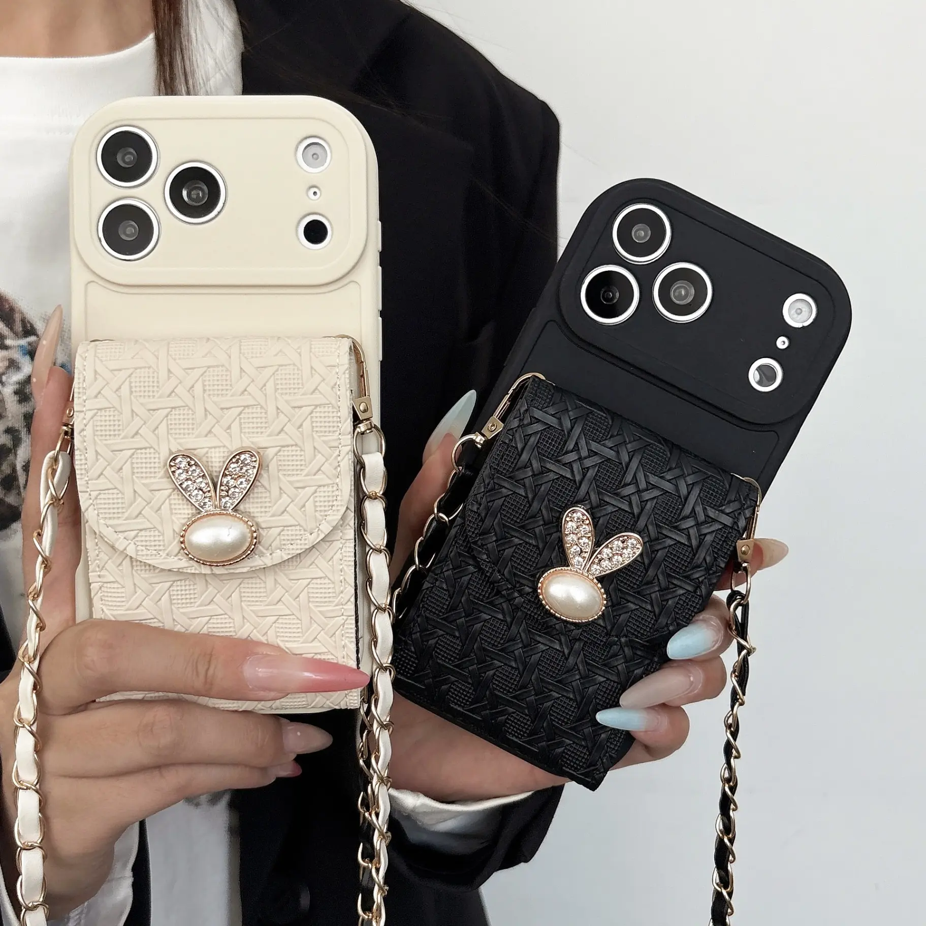 Luxury Woven Pattern Crossbody Chain Card Holder Phone Case - Korean INS Chic Style, Shockproof Protective Full Body Fit Accessory for iPhone Xs, 11-17 Pro Max, Air, Plus, Mini, Smartphone, Cellphone Devices, Accessories