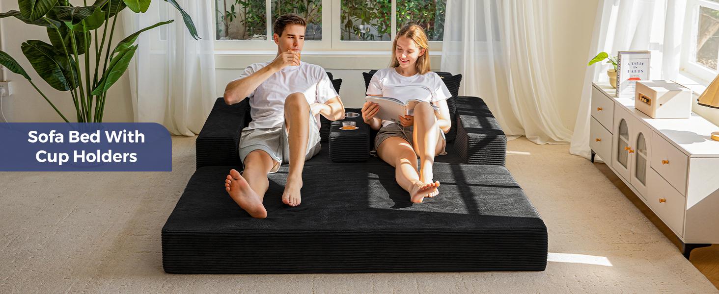 MAXYOYO Loveseat Sofa Bed, 64" Foldable Floor Sofa Couch in A Box with 2 Cup Holders, 4 in 1 Convertible Boneless Couch Folding Recliner Sleeper Chair for Living Room, No Assembly Required