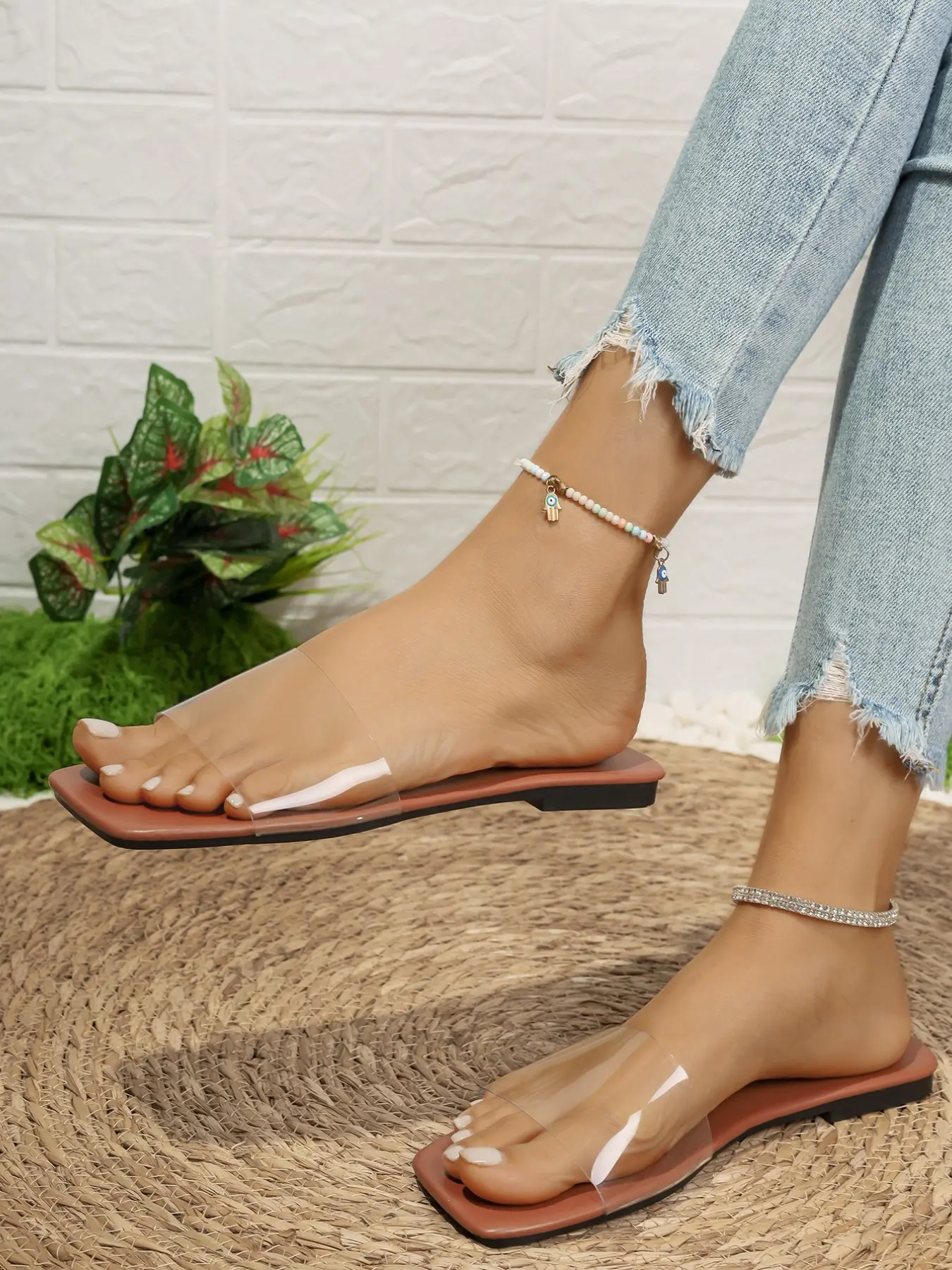 Trendy Transparent Strap Sandals Trending Sandals Women Flat Anti-Slip Square Toe Slipper Multiple Colors Available, Casual PU Leather Shoes Footwear