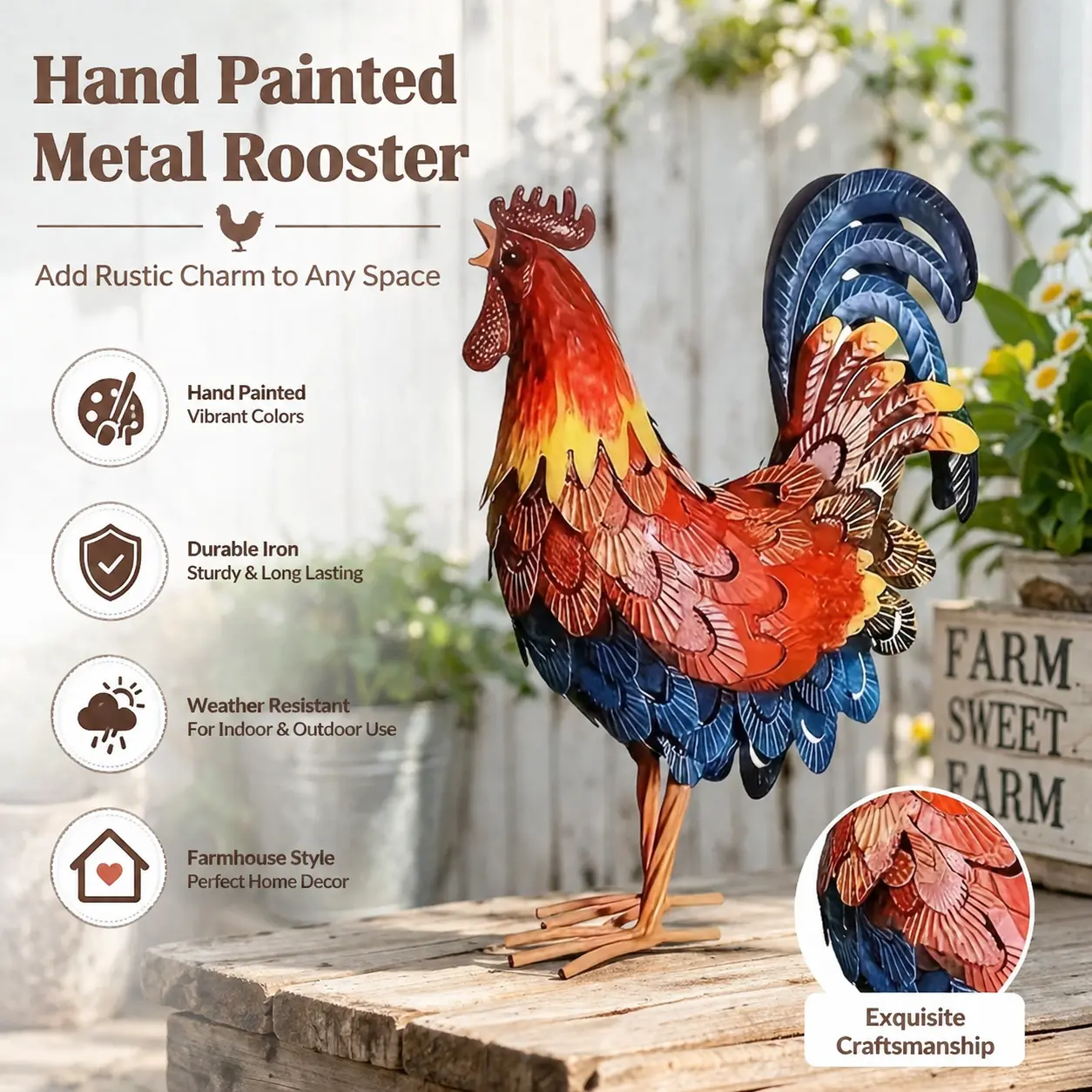 Hand Painted Metal Rooster Garden Statue, Farmhouse Style Iron Chicken Sculpture For Indoor Outdoor Yard Patio Home Decor