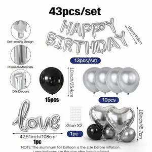 43PCS Silver & Black Happy Birthday Balloon Set – 16” Foil Letter Balloons, Silver Heart Foil & Navy Black Matte Latex Balloons for Birthday Party Decor Decoration