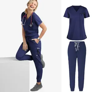 Women's Stretch Jogger Scrubs Set Solid V-Neck Nursing Uniform Quick Dry Breathable