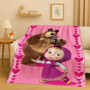 2026 Masha and Bear Cartoon Flannel Blanket Soft Warm Throw Blanket for Bed Bedroom Room Living Room Picnic Family Friends and Kids Gift Christmas Present