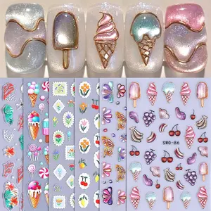 Ice Cream & Fruit Pattern Nail Art Sticker (6 Sheets), Self Adhesive Nail Decal, DIY Nail Art Decoration for Women & Girls