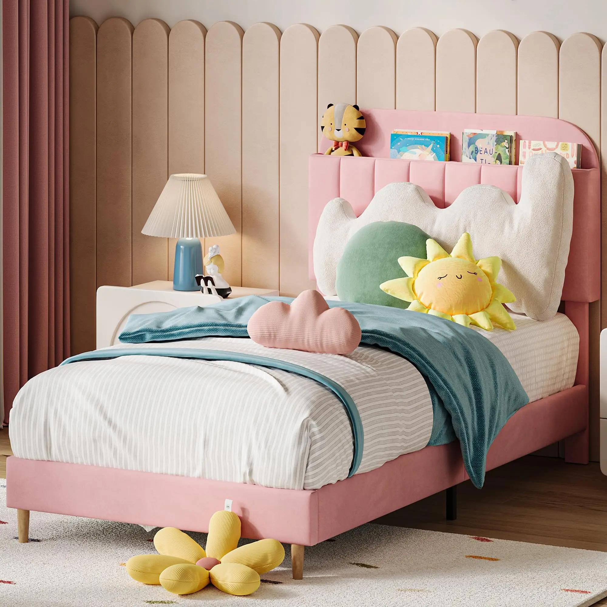 Garvee Full Velvet Upholstered Platform Bed Frame with Bookcase Headboard, Heavy Duty Steel Support Legs, Easy Assembly, Noise Free, Stylish Pink Finish for Comfortable Bedroom Setup