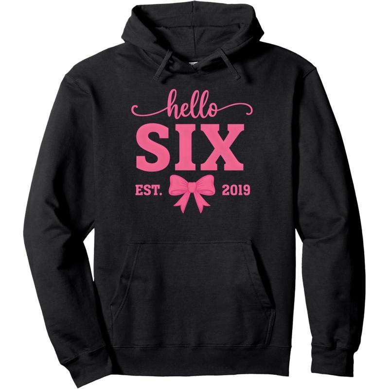 Women's Hello Six Est 2019 Coquette Bow Graphic Hoodie - Cotton Blend Black Long Sleeve Pullover Regular Fit | Soft & Breathable Fabric, Durable Print, Everyday Comfort, Machine Washable, cute and festive birthday celebration