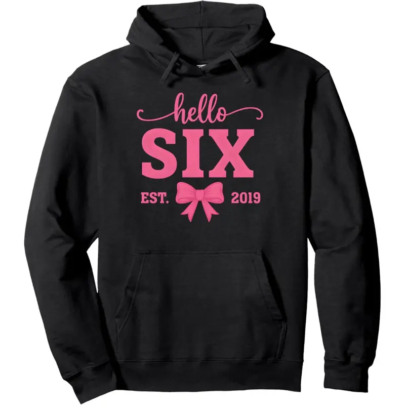 Women's Hello Six Est 2019 Coquette Bow Graphic Hoodie - Cotton Blend Black Long Sleeve Pullover Regular Fit | Soft & Breathable Fabric, Durable Print, Everyday Comfort, Machine Washable, cute and festive birthday celebration