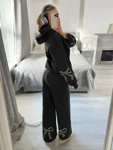 Women's Leopard Bow Print Hoodie & Wide Leg Pants Set, Casual Loose Fit Two-Piece, Fall & Winter Street Fashion