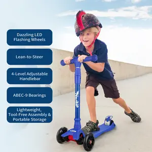【GARVEE】3 Wheel Scooter for Toddlers Ages 3-10 with 4 Adjustable Height Lean-to-Steer Handlebars, 3 Light-Up Wheels, Mini Kick Scooter for Boys and Girls, Blue