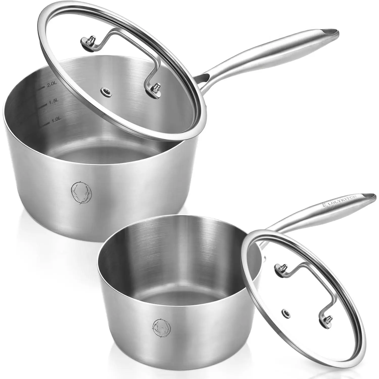 Tri-Ply Stainless Steel Saucepan Set with Glass , 1.5QT & 3QT Cooking Pots, Uncoated Heavy Bottom Metal Sauce Pans for Induction Cooktop,  Handle