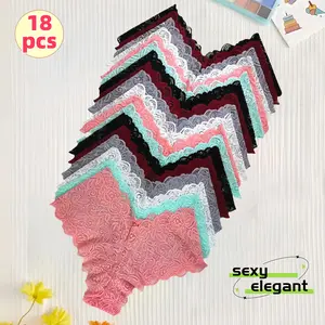 18 PCS Ladies' Simple Lace Hollow Panties in Popular INS Style with Bowknot Design Low Waist Dry Clean Machine Washable Cheeky Style