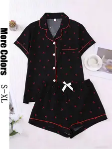 Women's Cherry Print Pyjama Set, Short Sleeve Button Front Shirt, Pocketed Elastic Waist Shorts, Casual Summer Sleepwear