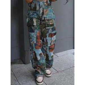 Women's Patchwork Art Print Pocket Cargo Pants, Casual Street Trousers for Daily Wear, Ladies Bottoms for All Seasons, Baggy Pants