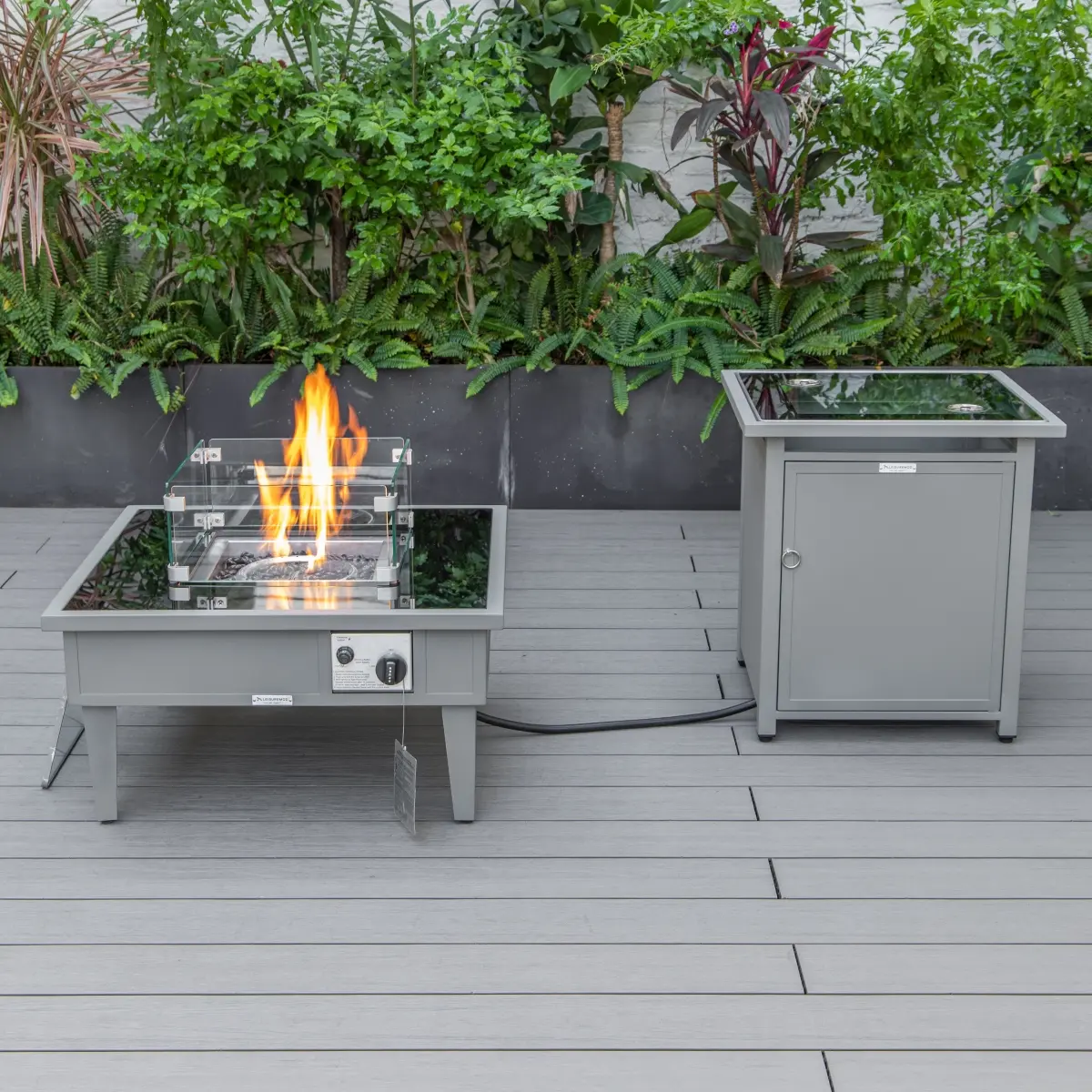 360 Stand Walbrooke Modern Aluminum Square Fire Pit with Multi-Spark Function, 20x26.8x26.8 in., Tank Holder, Side Table, Grey Outdoor Furniture, Fire Pit Set, Patio Fire Pit