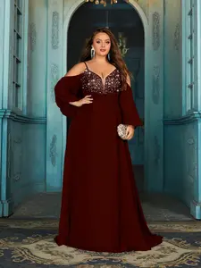Plus Size Burgundy Sequin A-Line Evening Gown Cold Shoulder Long Lantern Sleeve Formal Dress with Train Elegant Prom Gown for Formal Events -  Womenswear