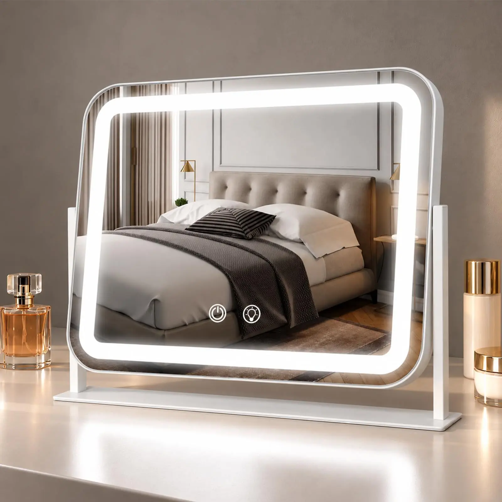 Smart Touch Vanity Mirror with 3 CCT & Adjustable Brightness, 11.2"x13.9" 360° Swivel Mirror for Makeup & Skincare, Last-Setting Memory, Easy Setup for Vanity Desk Tabletop, White