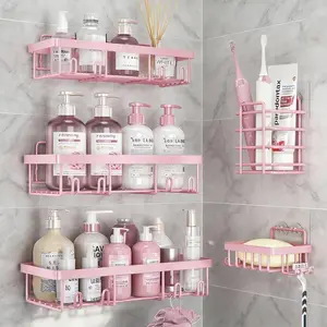 No-Drill Bathroom Storage Rack Set Iron Wall-Mounted Organizer 2026 New Year Gift Home Essential Pink Shelves for Toiletries shower caddy CupSuction Triangular