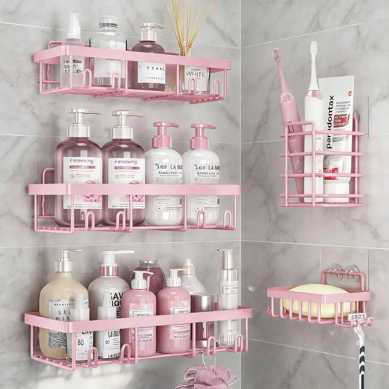 No-Drill Pink Iron Bathroom Storage Rack Set, 2026 New Year Gift Home Essential, Wall-Mounted Triangular Rack with Toiletries Shelves & Suction Cup Shower Caddy