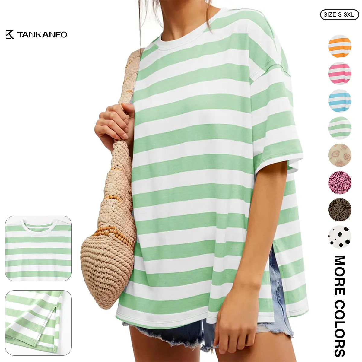 Tankaneo Women's Striped Oversized Short-Sleeve Round Neck Comfy Casual T-Shirt - Soft Loose-Fit with Side Slits, Women's Tops for Summer Outdoor Streetwear (Pairs with Leggings)
