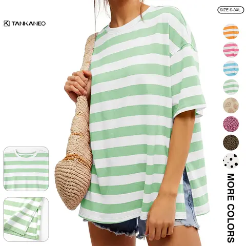 Tankaneo Women's Striped Drop Shoulder Baggy Lightweight Short-Sleeve Round Neck Tee - Soft Loose-Fit with Side Slits, Plus Size Trendy T-Shirts for Women, Summer Outdoor Streetwear (Pairs with Leggings)