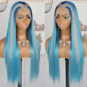 QD-Tizer Blue Highlights Color Wigs Gren Color on Blue hair Long Straight Hair Wigs 13x4 Synthetic Lace Front Wig
