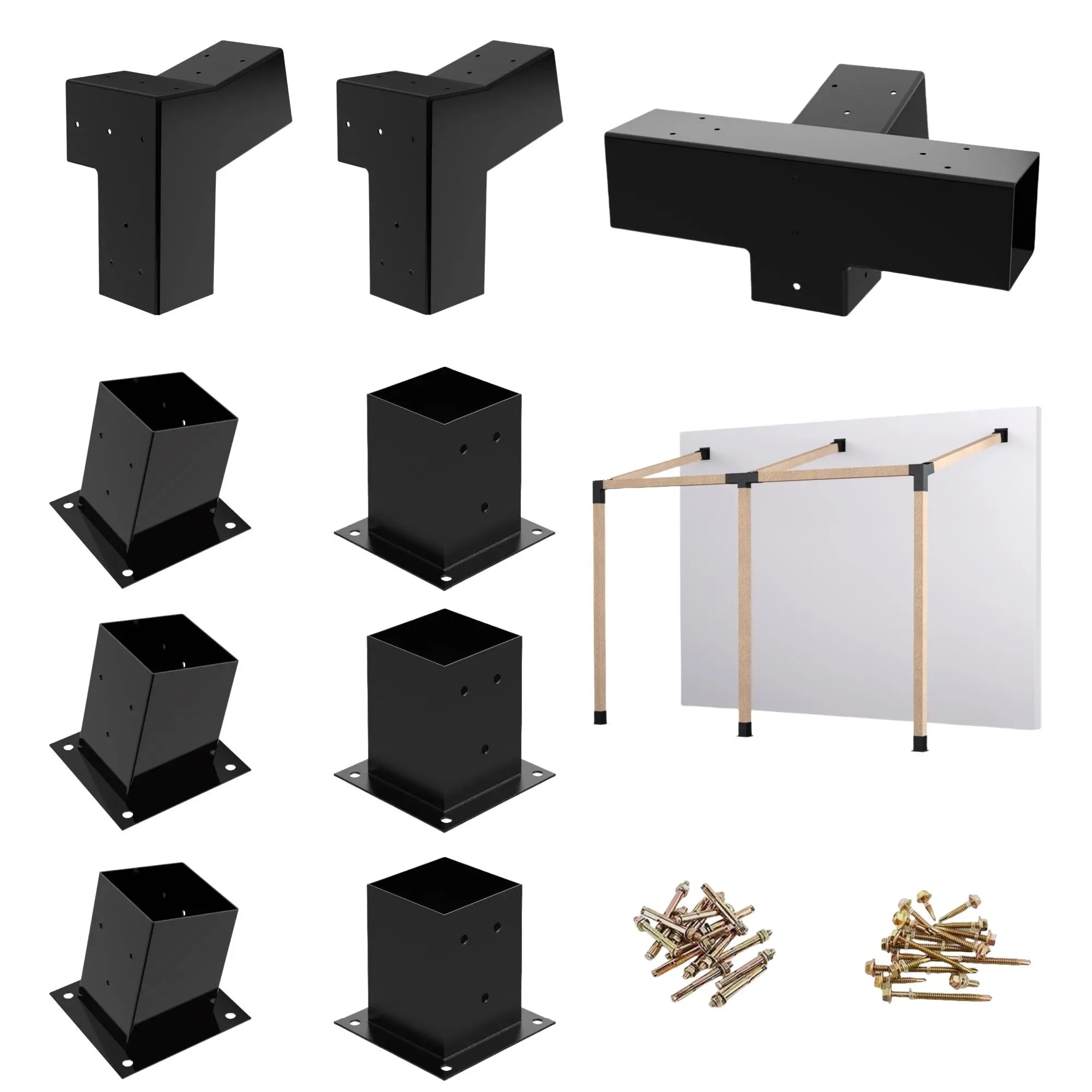 Heavy Alloy Steel 2.5mm Thick Wallmount Pergola Kit for 4"x 4" ( Actual 3.6" X 3.6" ) Lumber ,  9pcs (2pcs 3-Way15° Brackets , 1pcs 4-Way15°Brackets ,6pcs Base) Bracket Woodworks DIY,  Suitable for Backyard，Gardens，Patio and Metal Gazebo Kits