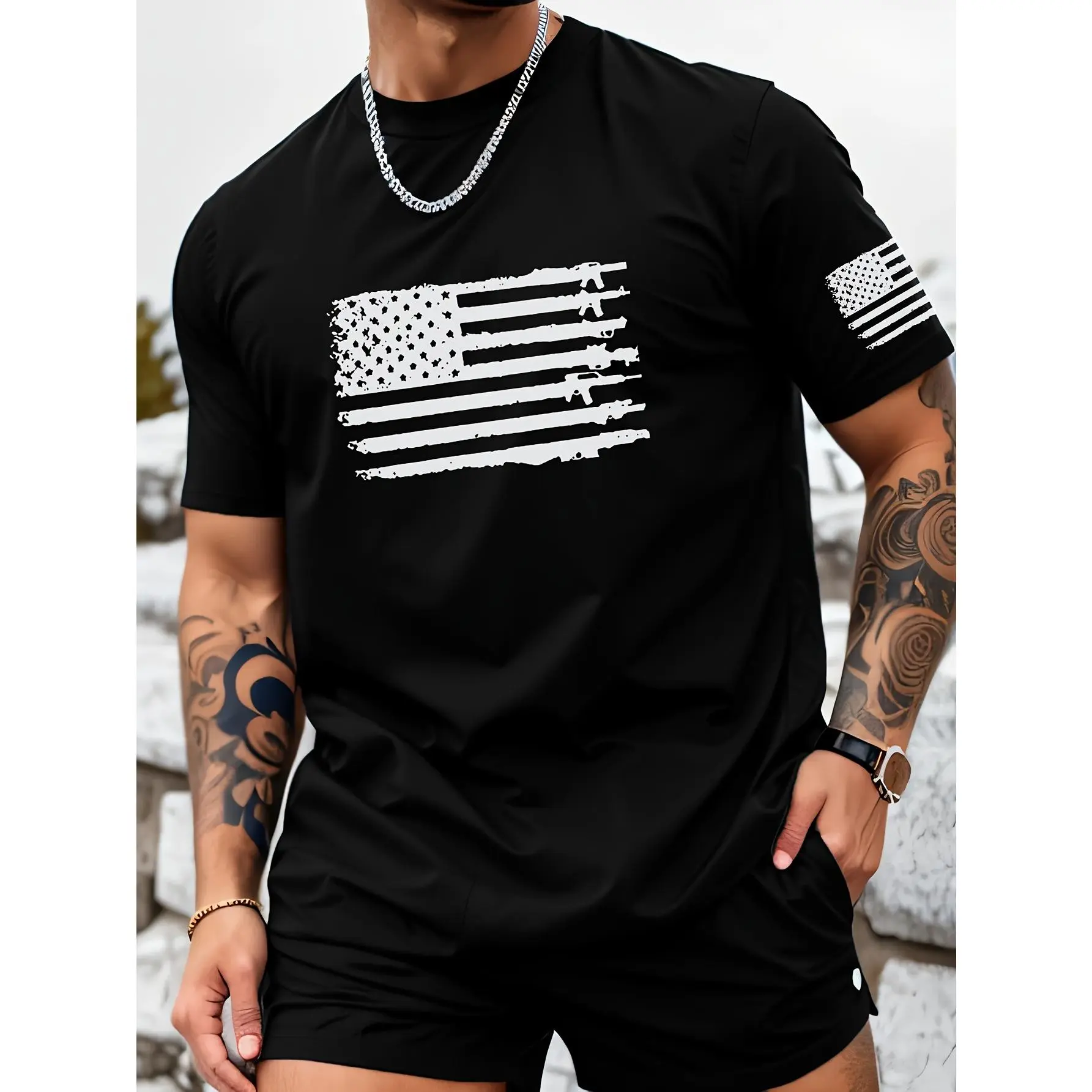 Men's Graphic Flag Print T-Shirt, Versatile Sporty Chic Crew Neck in Lightweight 180g Polyester for Casual Summer Wear, Casual Wear, Short Sleeve
