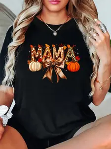 Retro Mama Coquette Bows Leopard Mom Fall Thanksgiving Women T-Shirt women's graphic tees