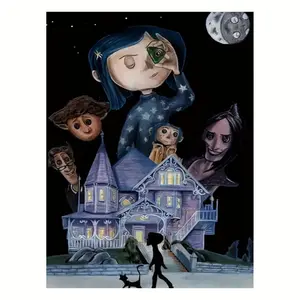 1pc Classic Coraline Canvas Poster, 12x16inch Unframed Wall Art, Ideal for Bedroom, Living Room Decor, General Fit, No Electricity Needed, Featherless, Gift for Movie Fans |   Nighttime Scene Art |   Durable Artwork, Wall Decor