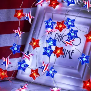 30 LED Patriotic Star String Lights, Battery Operated With Timer, Red White Blue Fairy Lights, 4th of July Independence Day Decor, Indoor Outdoor Home Yard Party Holiday Decoration