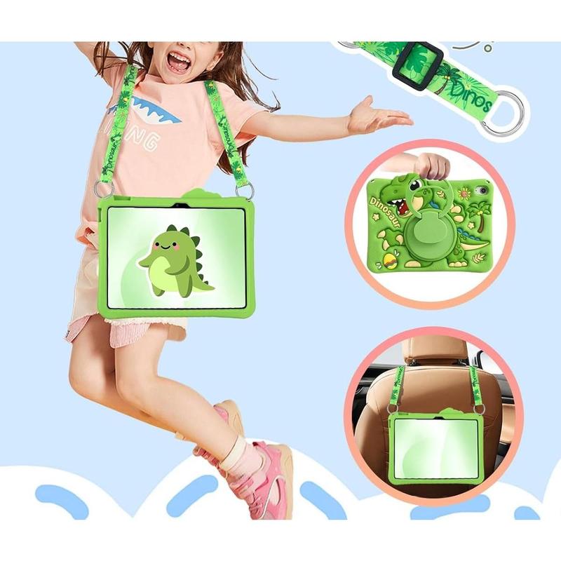 3C9-PHP016  for iPad A16 Case/10th Generation Case - Green Dinosaur Cool for Boys Girls Teens Soft Silicone Cute with Shoulder Strap & Rotating Stand Case for iPad A16 11th Generation 11 Inch 2025